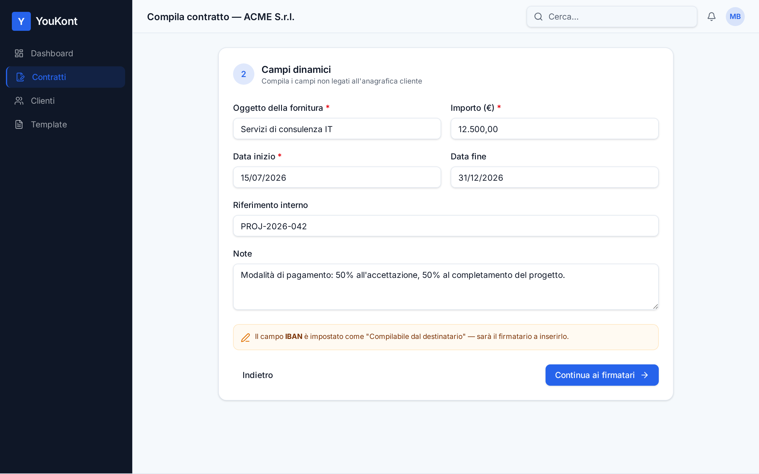 Filling in dynamic fields of the contract